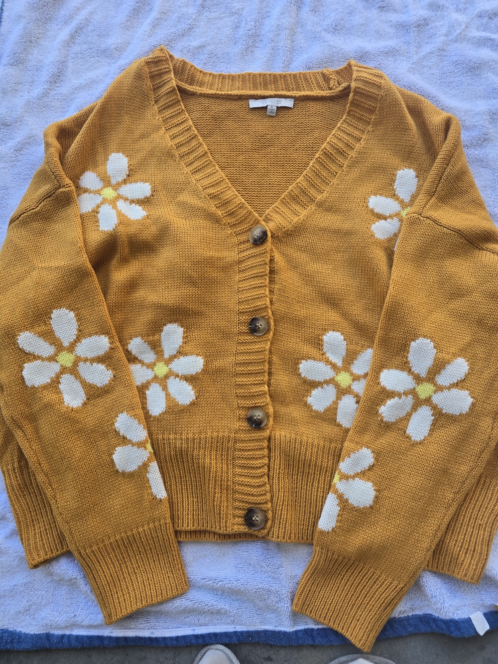 Mustard Floral V-Neck Button Cardigan Sweater